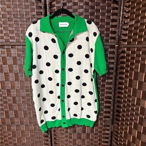 Retro Polka Dot Knit Polo Cardigan Men’s L Green Cream 100% Cotton Mod Style